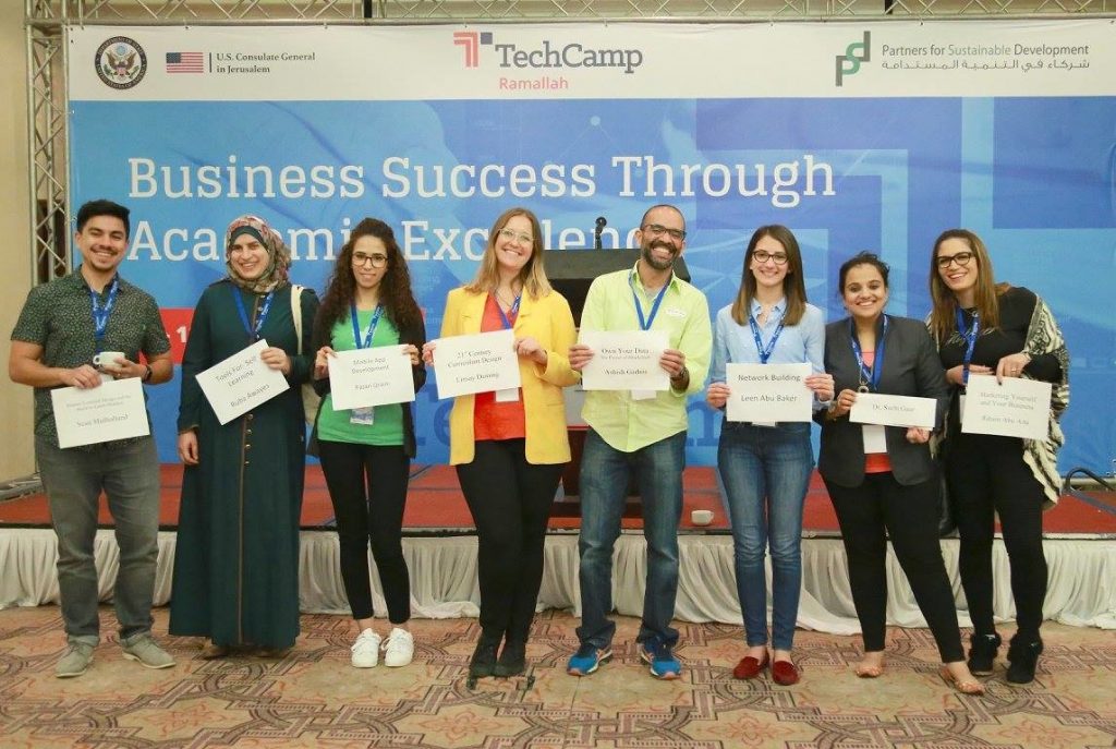 TechCamp Ramallah trainers Sean Mulholland, Ruba Awayes, Razan Qraini, Linsey Deming, Ashish Gadnis, Leen Abu Baker, Dr. Suchi Gaur and Riham Abu Aita. 